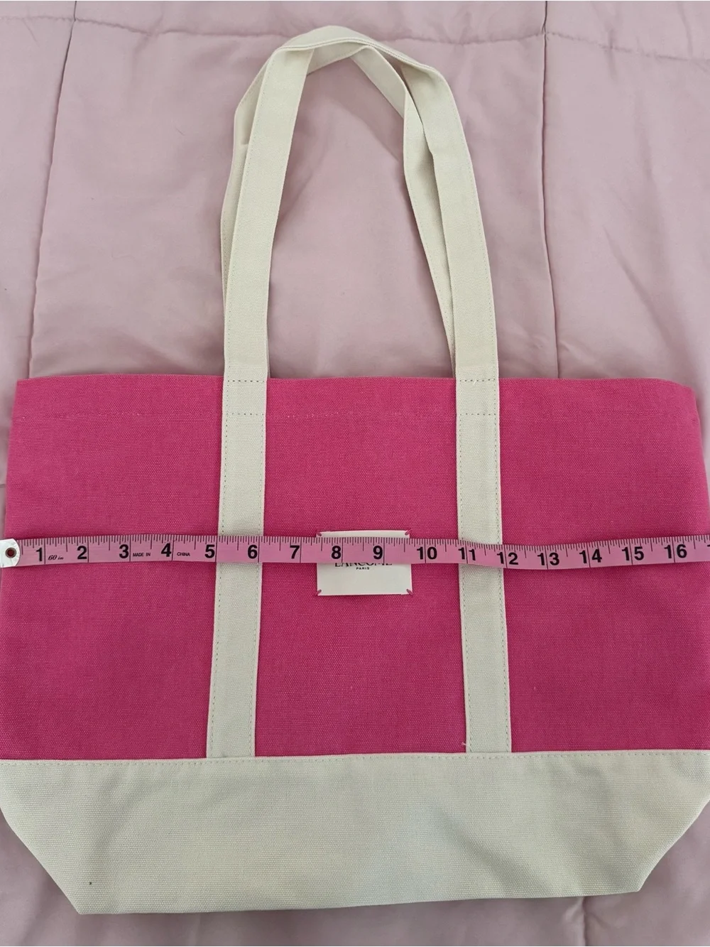 NWT Lancôme Pink Canvas Tote Bag with Cream Trim, size 17x12 boho beach Barbie - Picture 4 of 9